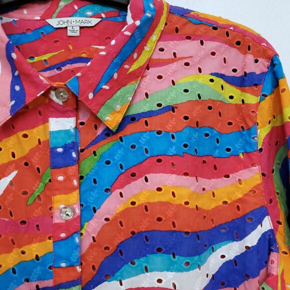 John Mark Eyelet Embroidered Watercolor Roll-Tab Sleeve Button Front Top Large - Picture 6 of 14